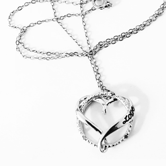 DIAMOND HEART CIRCLE LOVE NECKLACE STERLING SILVER - Picture 1 of 2